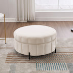 Beige Velvet Upholstered Round Ottoman With Storage.