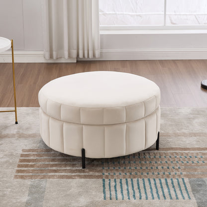 31.5'W Upholstered Round Ottoman With Reversible Lid, Velvet Storage Stool, Channel Tufted Pumpkin-shape Footstool for Living room, Bedroom and Office, Beige