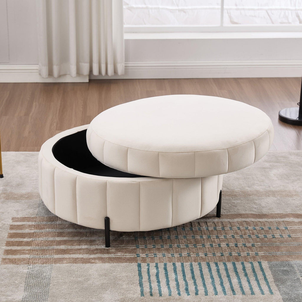 Beige Velvet Upholstered Round Ottoman With Storage.