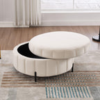 Beige Velvet Upholstered Round Ottoman With Storage.