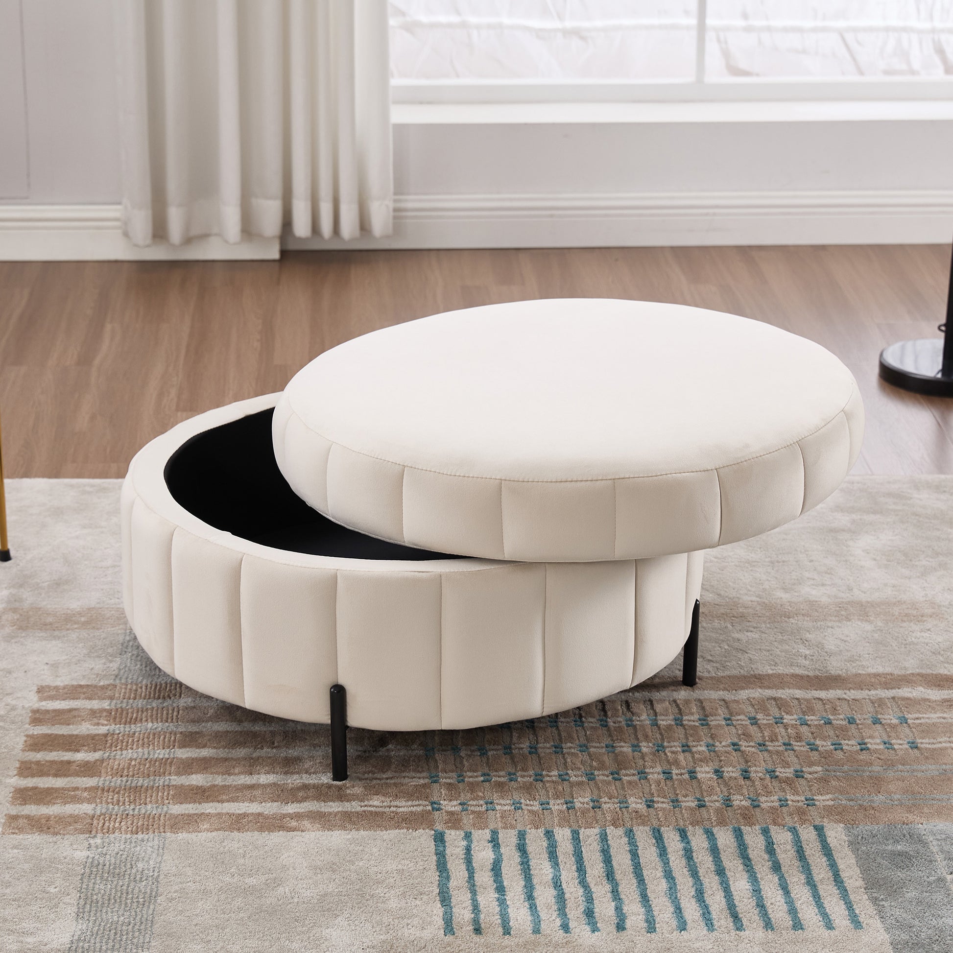 31.5'W Upholstered Round Ottoman With Reversible Lid, Velvet Storage Stool, Channel Tufted Pumpkin-shape Footstool for Living room, Bedroom and Office, Beige