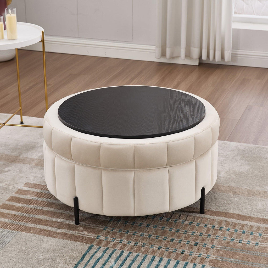 Beige Velvet Upholstered Round Ottoman With Storage.