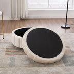 Beige Velvet Upholstered Round Ottoman With Storage.