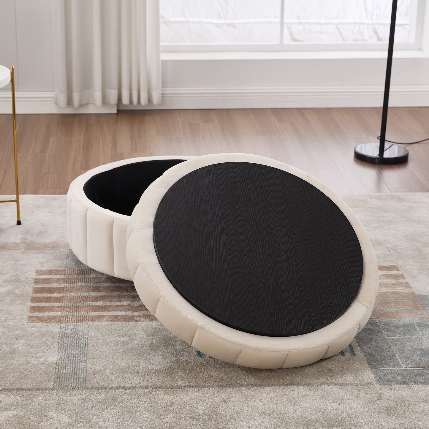 31.5'W Upholstered Round Ottoman With Reversible Lid, Velvet Storage Stool, Channel Tufted Pumpkin-shape Footstool for Living room, Bedroom and Office, Beige