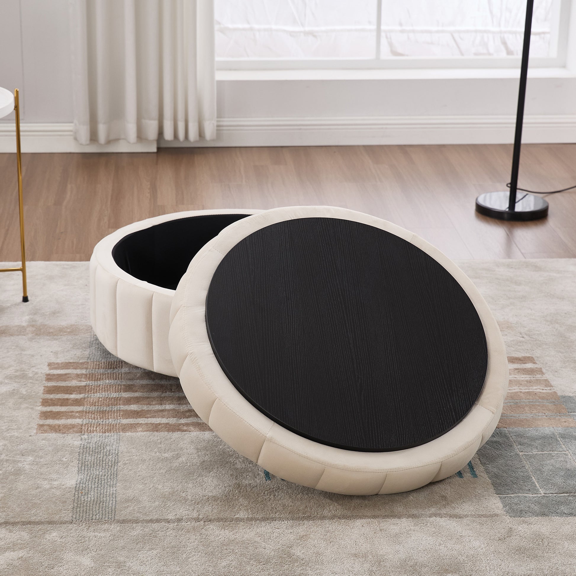 31.5'W Upholstered Round Ottoman With Reversible Lid, Velvet Storage Stool, Channel Tufted Pumpkin-shape Footstool for Living room, Bedroom and Office, Beige
