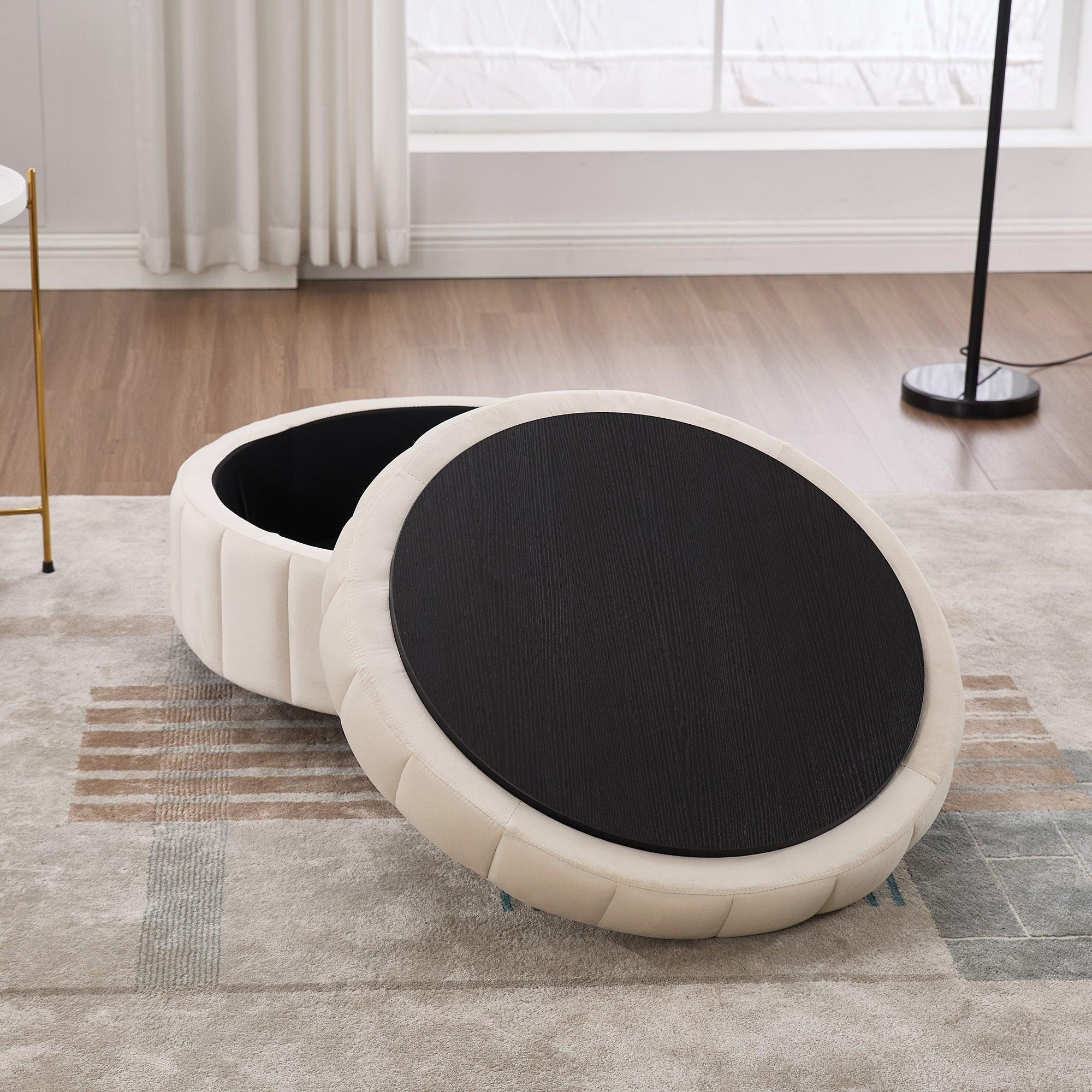 Beige Velvet Upholstered Round Ottoman With Storage.
