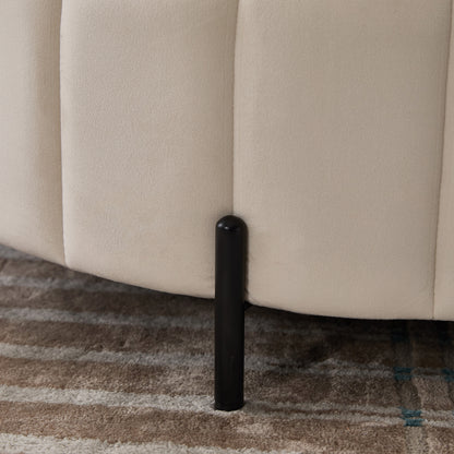 31.5'W Upholstered Round Ottoman With Reversible Lid, Velvet Storage Stool, Channel Tufted Pumpkin-shape Footstool for Living room, Bedroom and Office, Beige