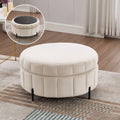 Beige Velvet Upholstered Round Ottoman With Storage.