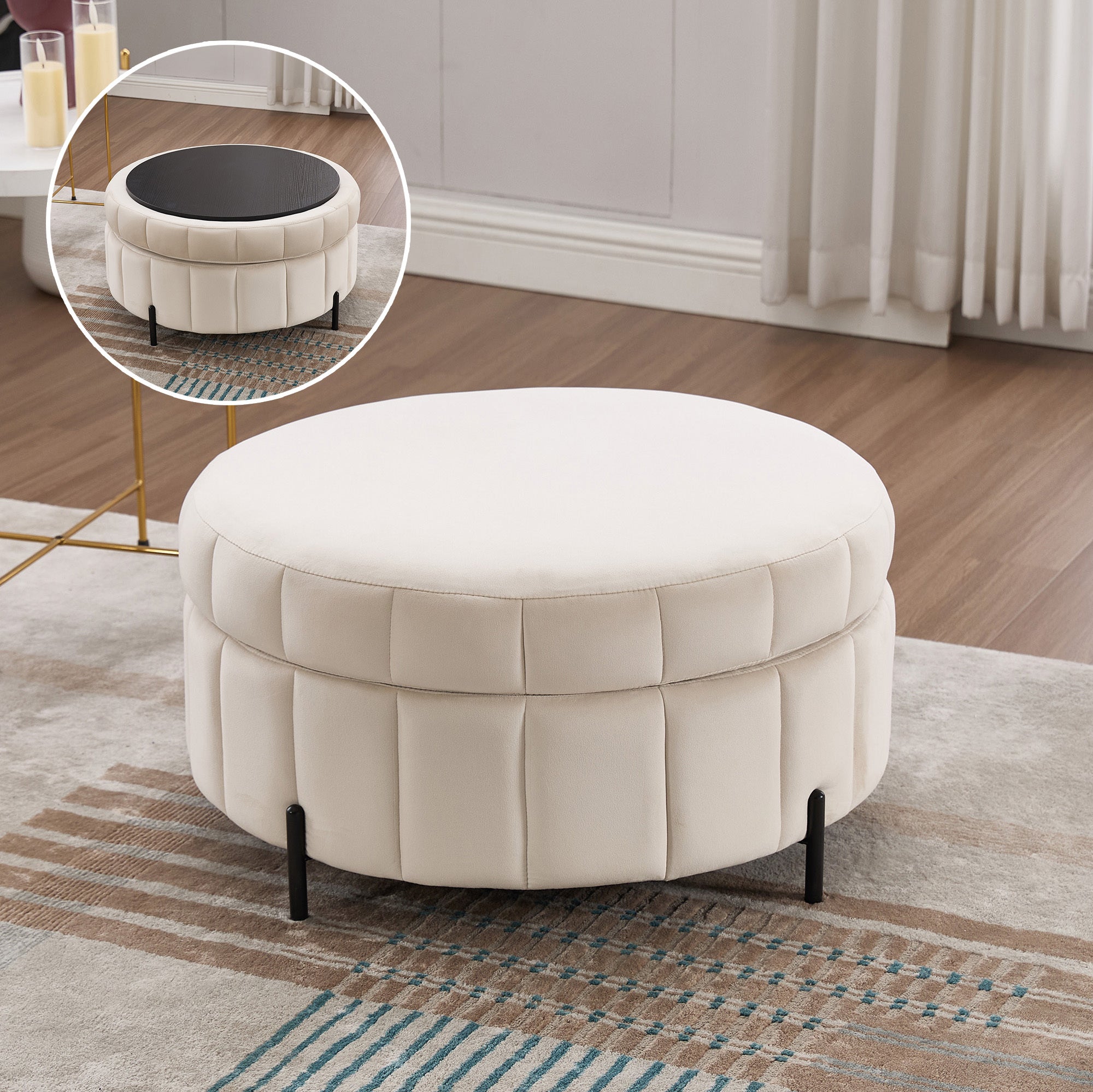 31.5'W Upholstered Round Ottoman With Reversible Lid, Velvet Storage Stool, Channel Tufted Pumpkin-shape Footstool for Living room, Bedroom and Office, Beige