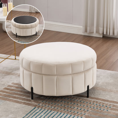 31.5'W Upholstered Round Ottoman With Reversible Lid, Velvet Storage Stool, Channel Tufted Pumpkin-shape Footstool for Living room, Bedroom and Office, Beige