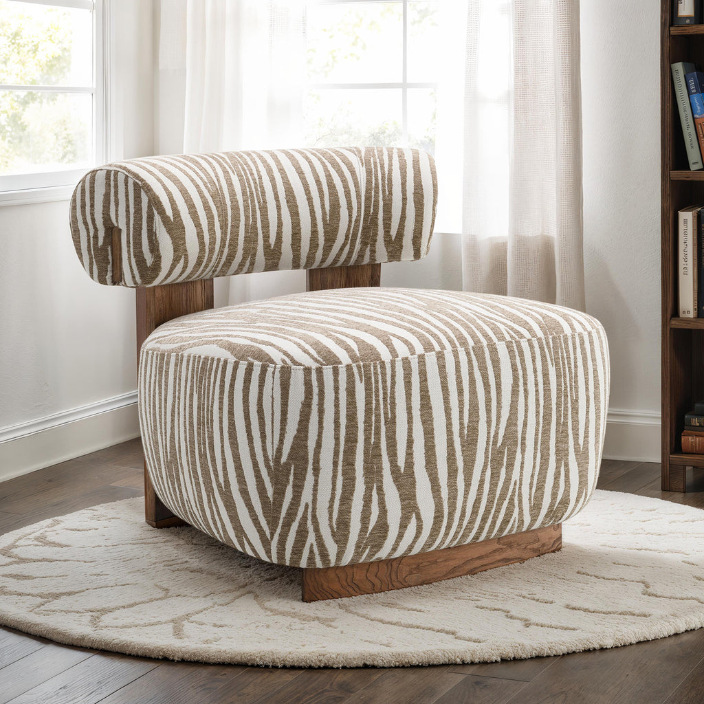 1pc Accent Chair zebra Strips Fabric Hight Density Foam Cylindrical Backrest Beige Finish Primary Living Room Accent Chair