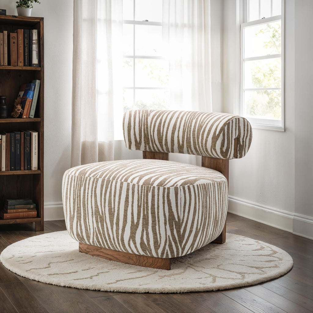 1pc Accent Chair zebra Strips Fabric Hight Density Foam Cylindrical Backrest Beige Finish Primary Living Room Accent Chair