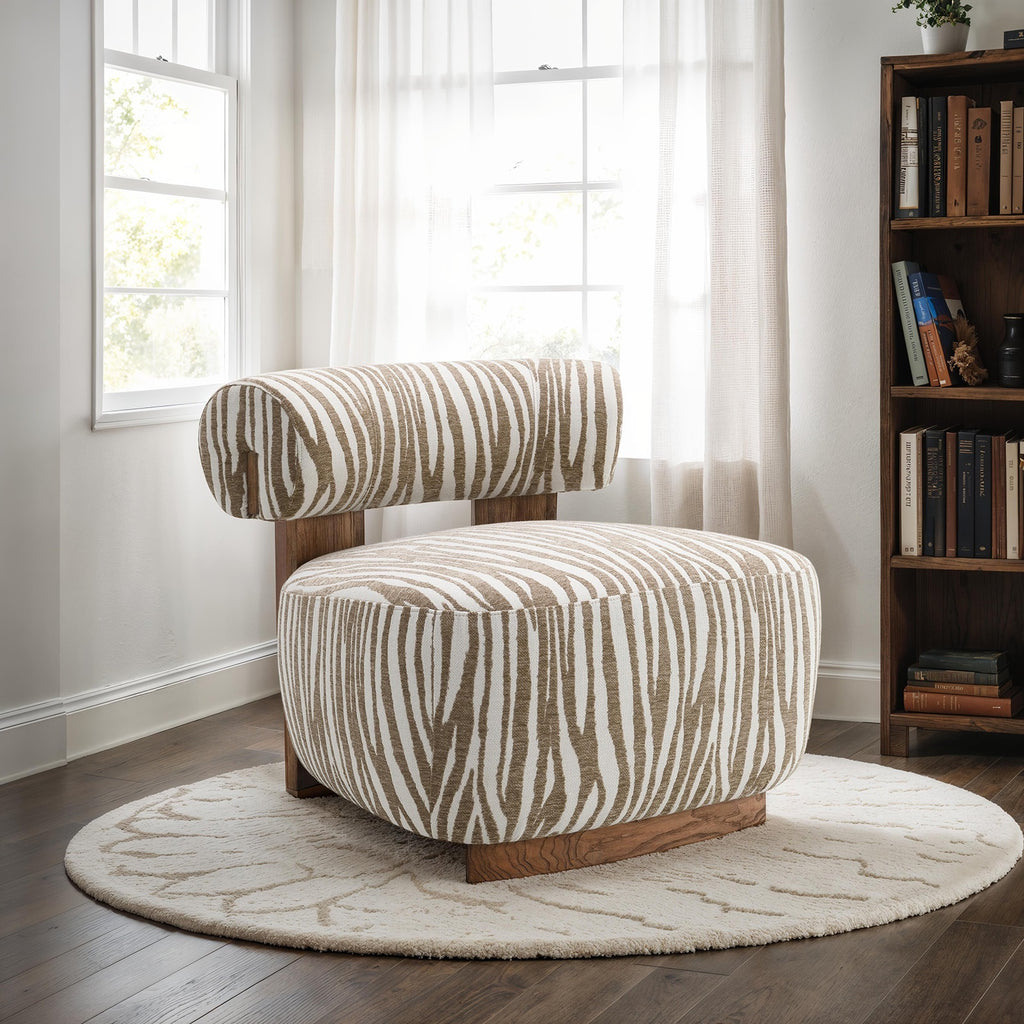 1pc Accent Chair zebra Strips Fabric Hight Density Foam Cylindrical Backrest Beige Finish Primary Living Room Accent Chair