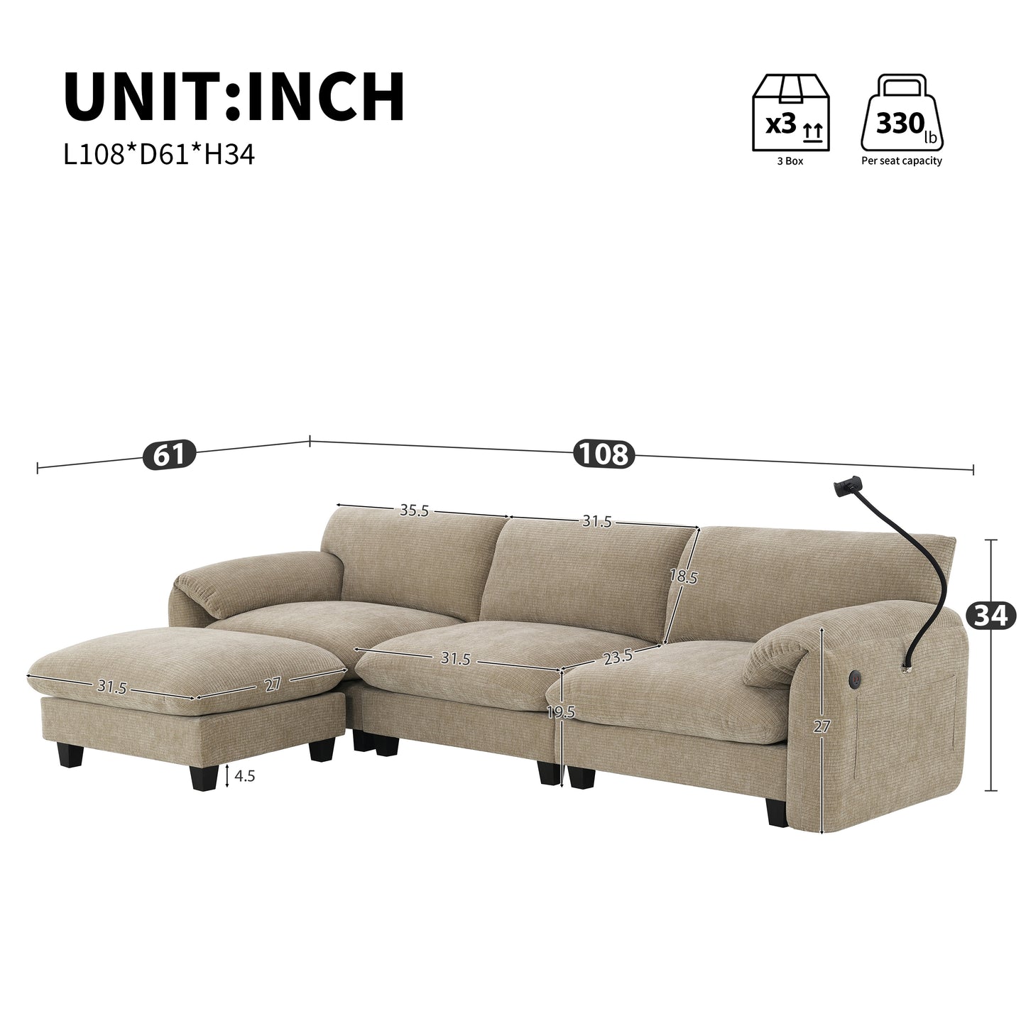 [VIDEO Provided] 108' Modular Sectional Sofa, L-Shape with 31.5' Extra-Wide Seat Cushion, USB and Type-C Charger, Phone Holder and 2 Side Storage Pockets, Free Movement Ottoman, Striped Chenille