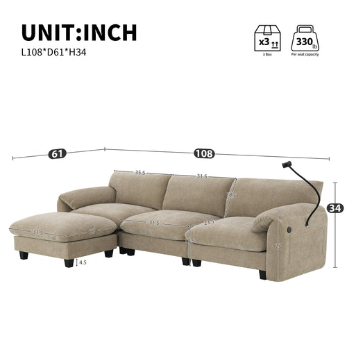 [VIDEO Provided] 108' Modular Sectional Sofa, L-Shape with 31.5' Extra-Wide Seat Cushion, USB and Type-C Charger, Phone Holder and 2 Side Storage Pockets, Free Movement Ottoman, Striped Chenille