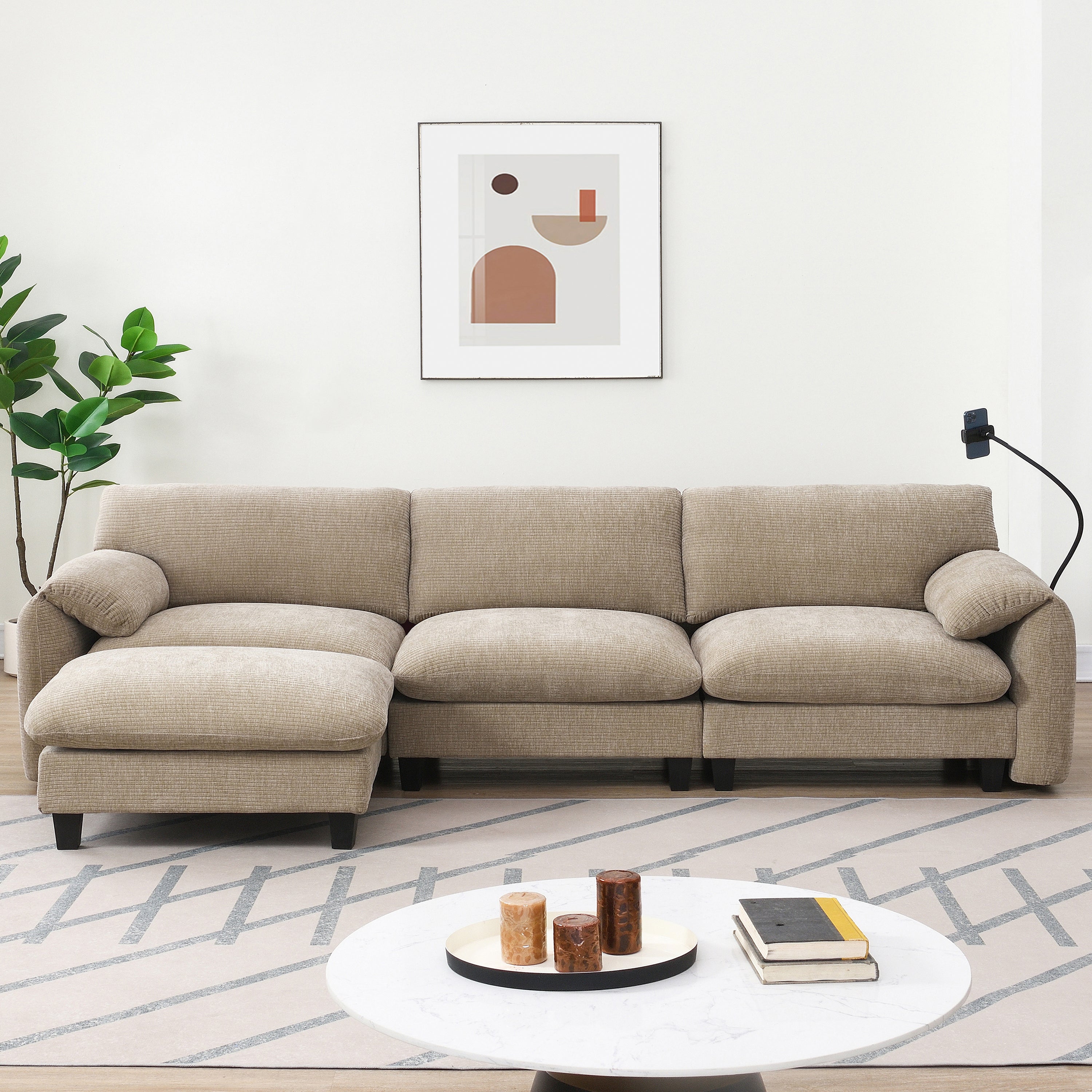 [VIDEO Provided] 108' Modular Sectional Sofa, L-Shape with 31.5' Extra-Wide Seat Cushion, USB and Type-C Charger, Phone Holder and 2 Side Storage Pockets, Free Movement Ottoman, Striped Chenille
