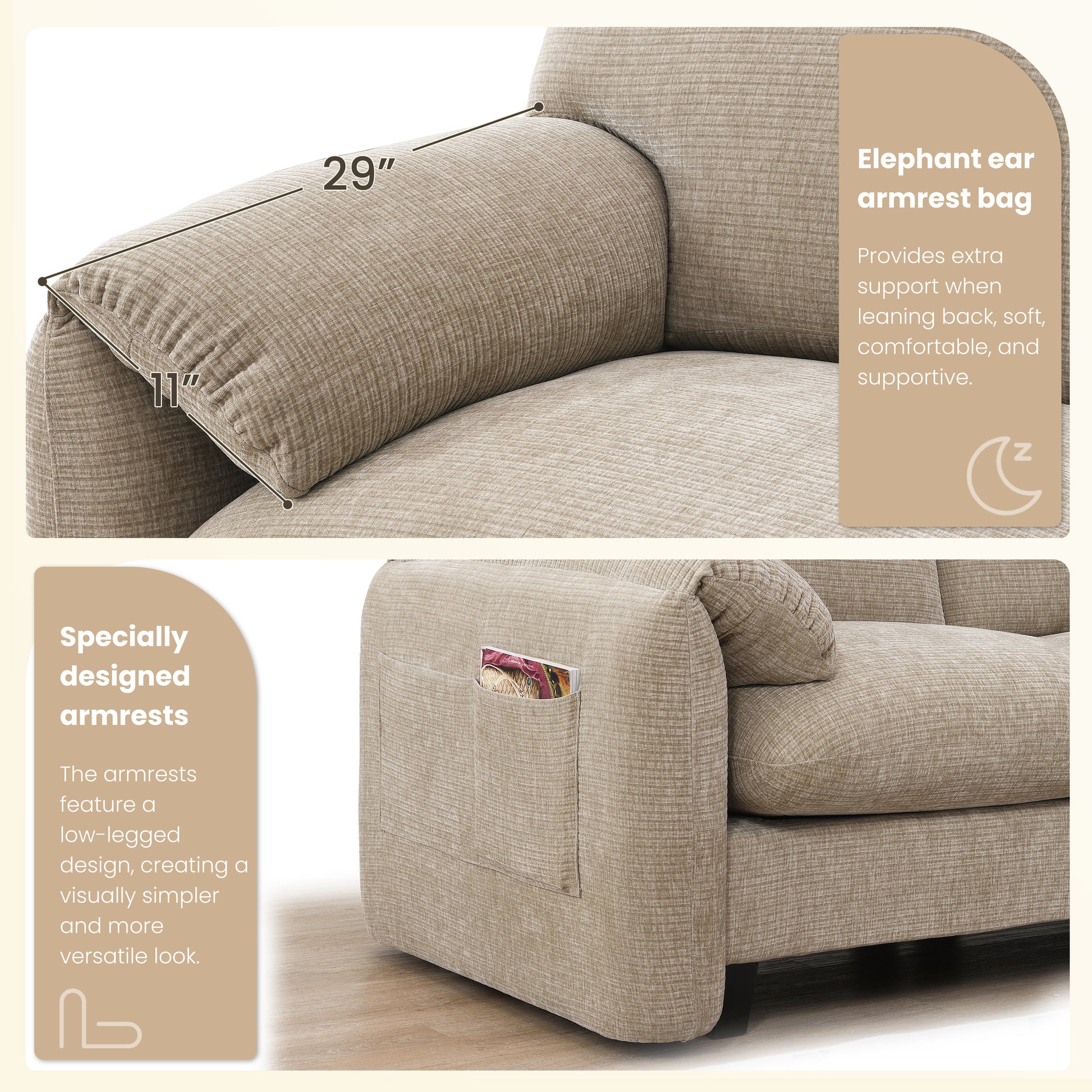 [VIDEO Provided] 108' Modular Sectional Sofa, L-Shape with 31.5' Extra-Wide Seat Cushion, USB and Type-C Charger, Phone Holder and 2 Side Storage Pockets, Free Movement Ottoman, Striped Chenille