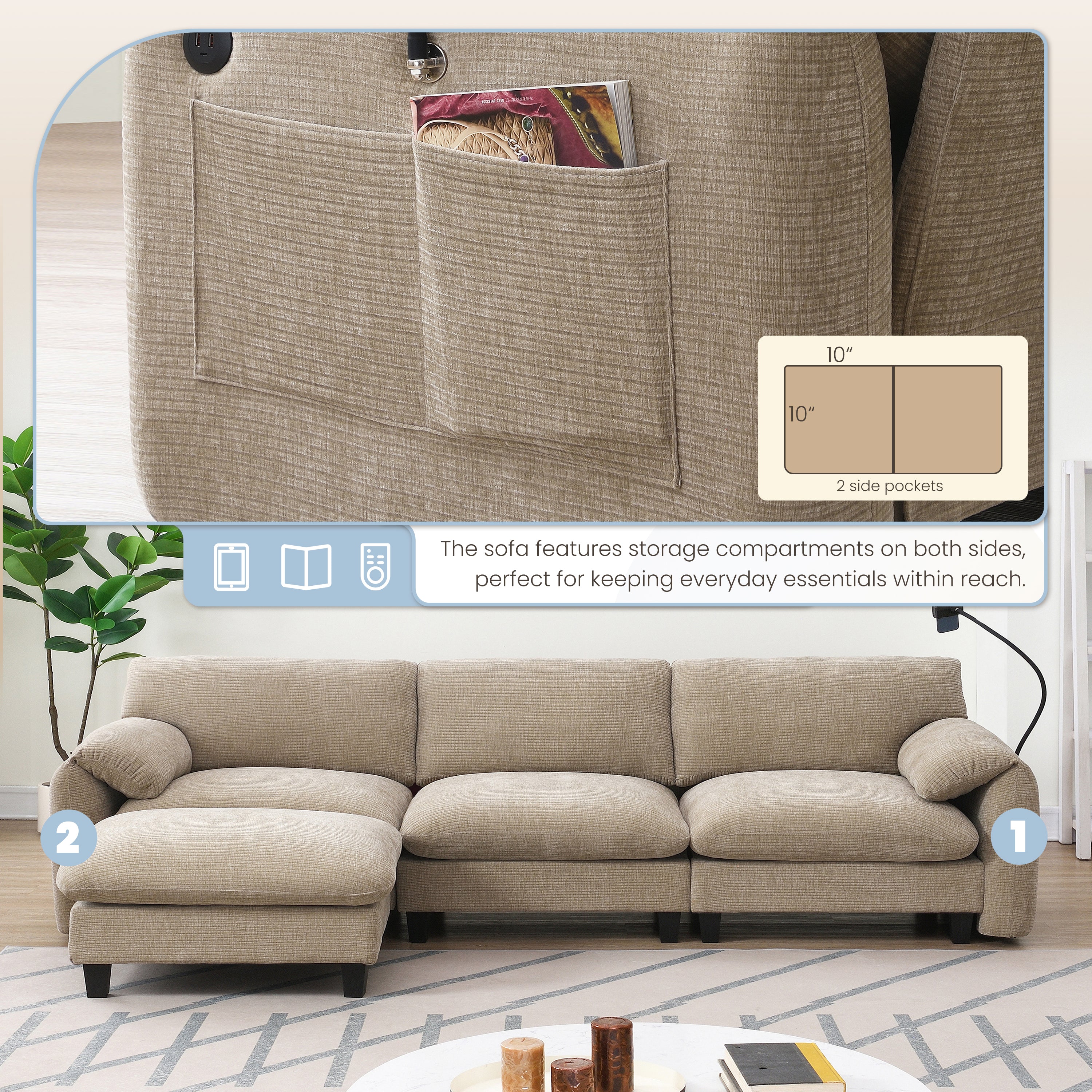 [VIDEO Provided] 108' Modular Sectional Sofa, L-Shape with 31.5' Extra-Wide Seat Cushion, USB and Type-C Charger, Phone Holder and 2 Side Storage Pockets, Free Movement Ottoman, Striped Chenille