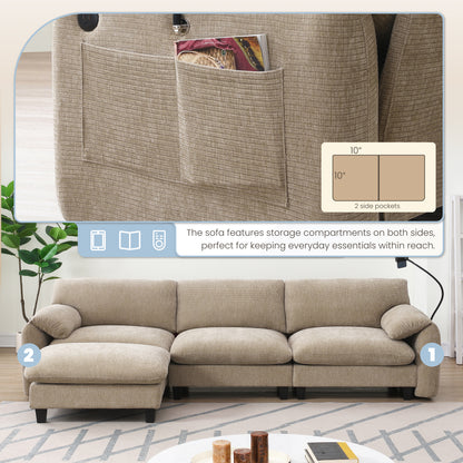 [VIDEO Provided] 108' Modular Sectional Sofa, L-Shape with 31.5' Extra-Wide Seat Cushion, USB and Type-C Charger, Phone Holder and 2 Side Storage Pockets, Free Movement Ottoman, Striped Chenille