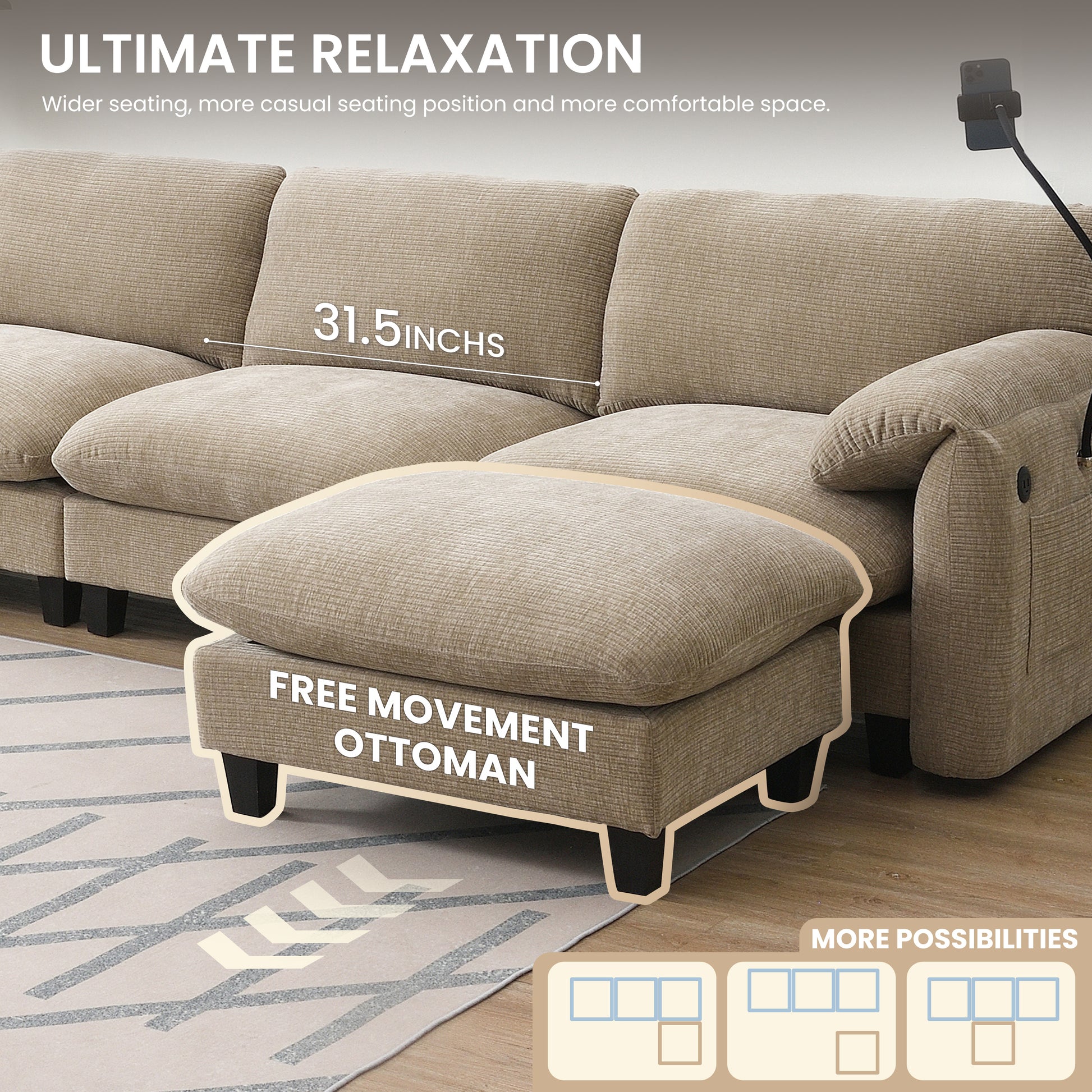 [VIDEO Provided] 108' Modular Sectional Sofa, L-Shape with 31.5' Extra-Wide Seat Cushion, USB and Type-C Charger, Phone Holder and 2 Side Storage Pockets, Free Movement Ottoman, Striped Chenille