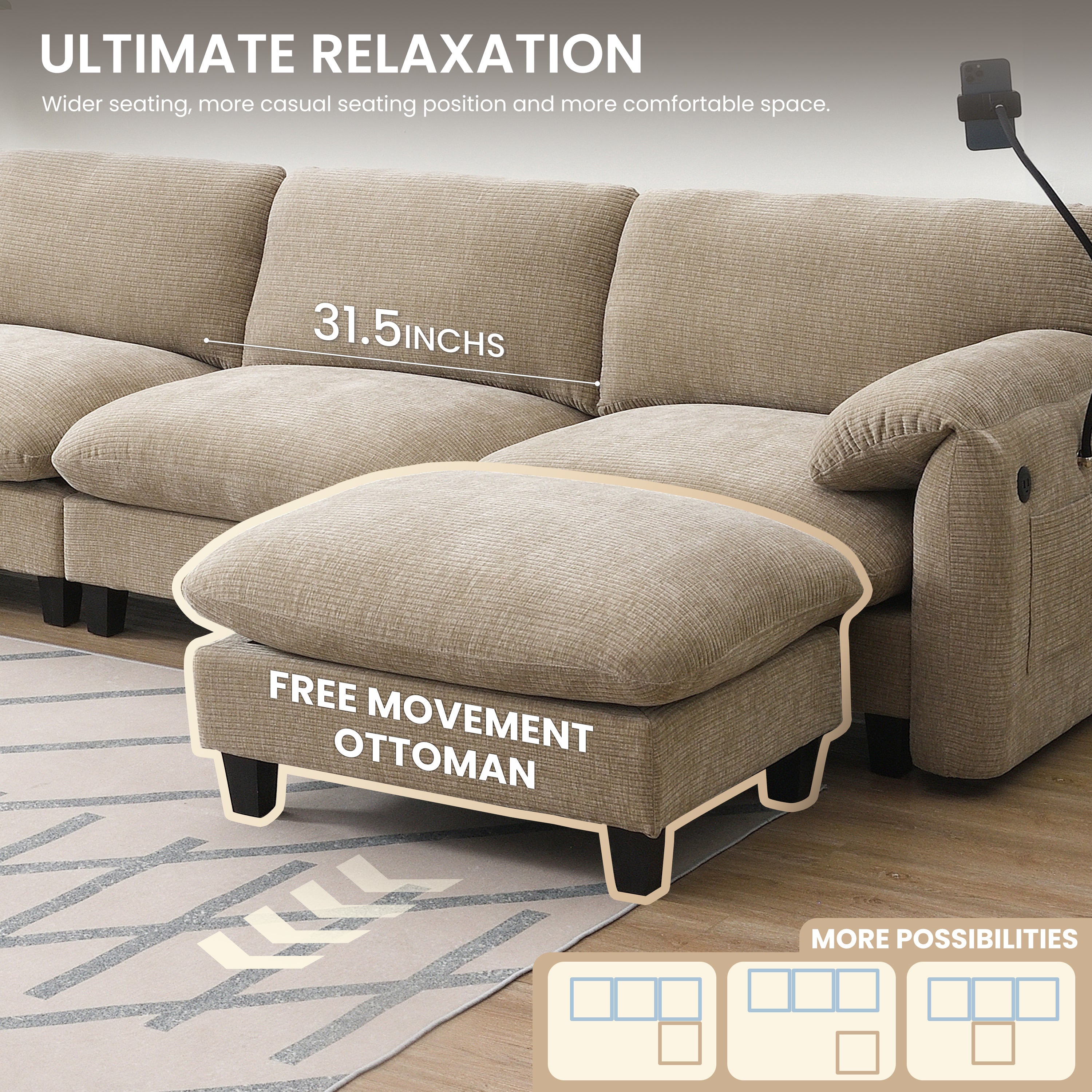 [VIDEO Provided] 108' Modular Sectional Sofa, L-Shape with 31.5' Extra-Wide Seat Cushion, USB and Type-C Charger, Phone Holder and 2 Side Storage Pockets, Free Movement Ottoman, Striped Chenille