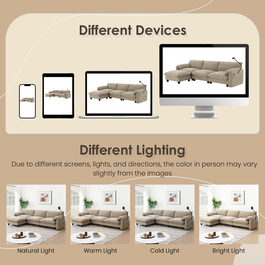 [VIDEO Provided] 108' Modular Sectional Sofa, L-Shape with 31.5' Extra-Wide Seat Cushion, USB and Type-C Charger, Phone Holder and 2 Side Storage Pockets, Free Movement Ottoman, Striped Chenille