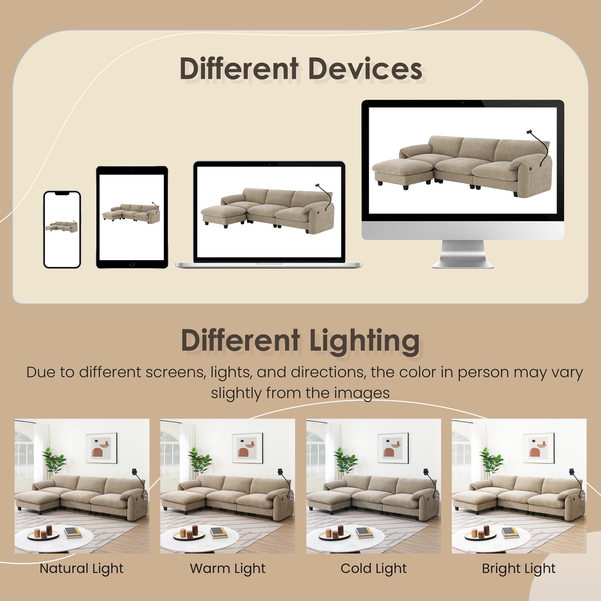 [VIDEO Provided] 108' Modular Sectional Sofa, L-Shape with 31.5' Extra-Wide Seat Cushion, USB and Type-C Charger, Phone Holder and 2 Side Storage Pockets, Free Movement Ottoman, Striped Chenille