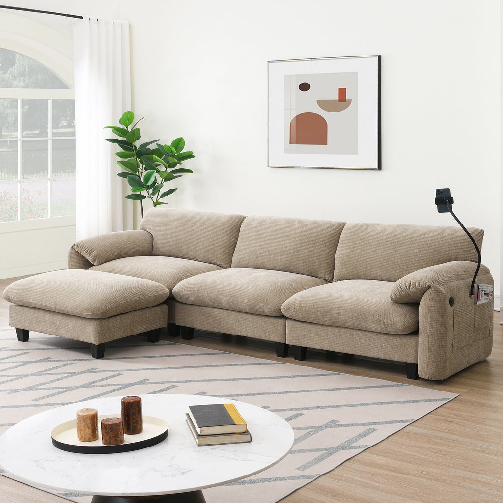 [VIDEO Provided] 108' Modular Sectional Sofa, L-Shape with 31.5' Extra-Wide Seat Cushion, USB and Type-C Charger, Phone Holder and 2 Side Storage Pockets, Free Movement Ottoman, Striped Chenille