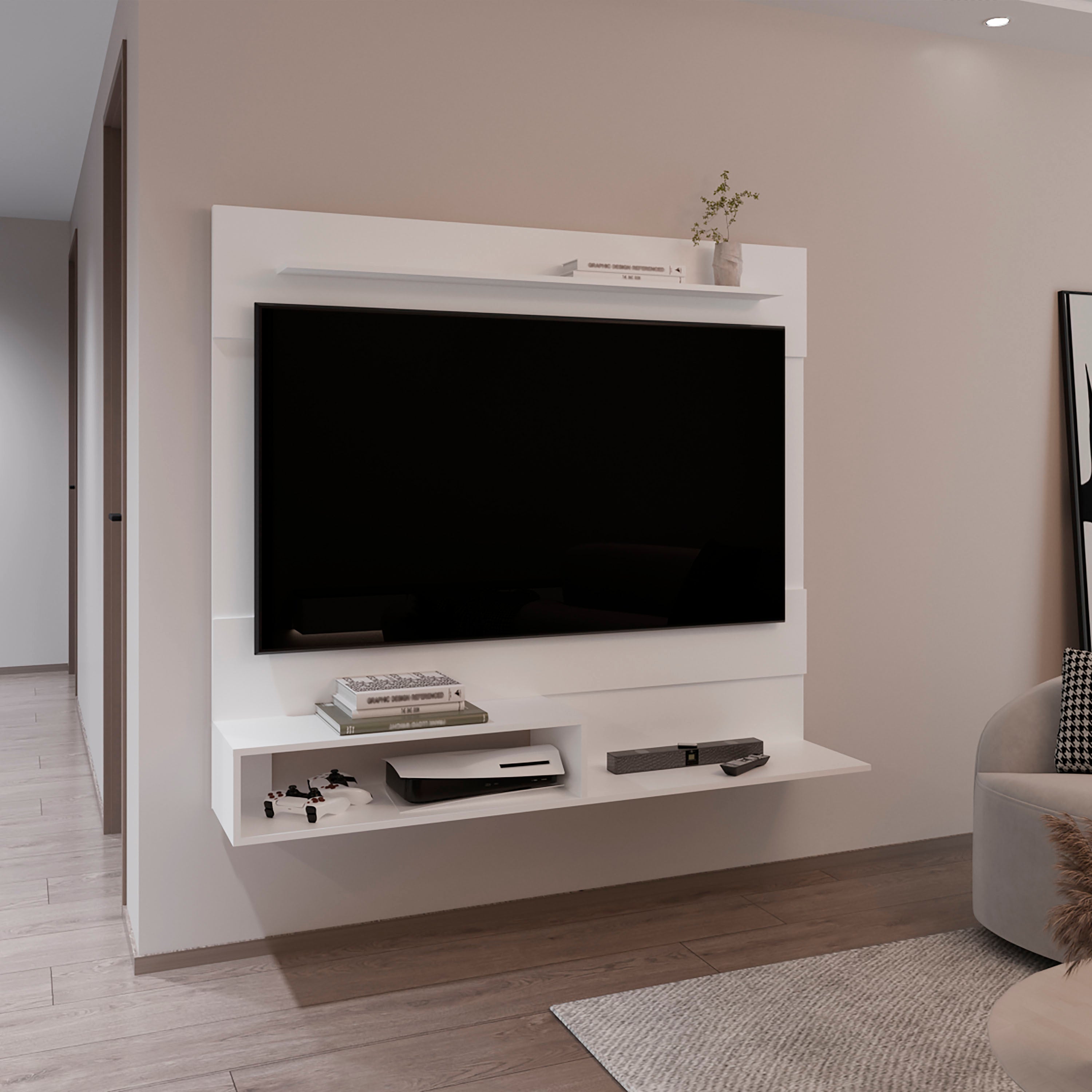 Beijing Floating Entertainment Center, One Superior Shelf, Two Shelves, Space For Tv, White
