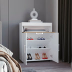 Belton Shoe Rack With Double Doors And Interior Shelves, Freestanding Footwear Storage Cabinet, White/ Natural Oak