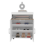 Belton Shoe Rack With Double Doors And Interior Shelves, Freestanding Footwear Storage Cabinet, White/ Natural Oak