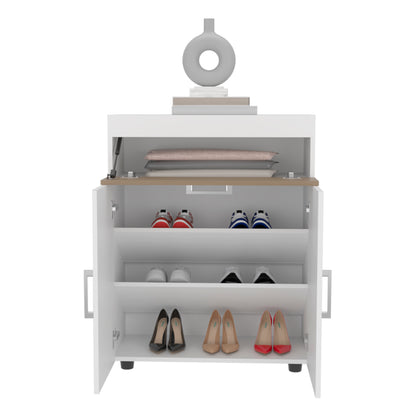 Belton Shoe Rack With Double Doors And Interior Shelves, Freestanding Footwear Storage Cabinet, White/ Natural Oak