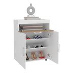 Belton Shoe Rack With Double Doors And Interior Shelves, Freestanding Footwear Storage Cabinet, White/ Natural Oak
