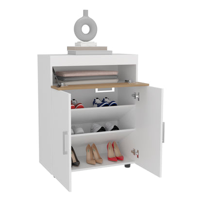 Belton Shoe Rack With Double Doors And Interior Shelves, Freestanding Footwear Storage Cabinet, White/ Natural Oak