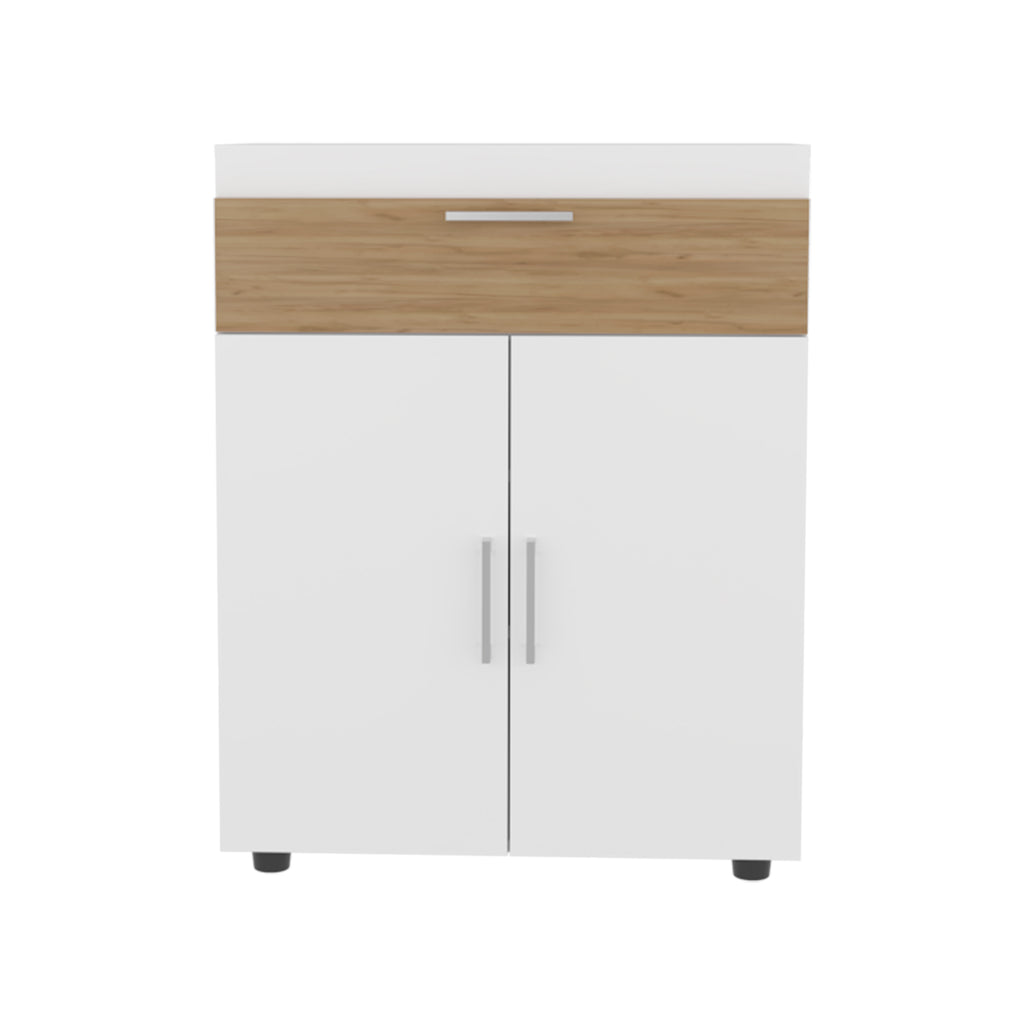 Belton Shoe Rack With Double Doors And Interior Shelves, Freestanding Footwear Storage Cabinet, White/ Natural Oak