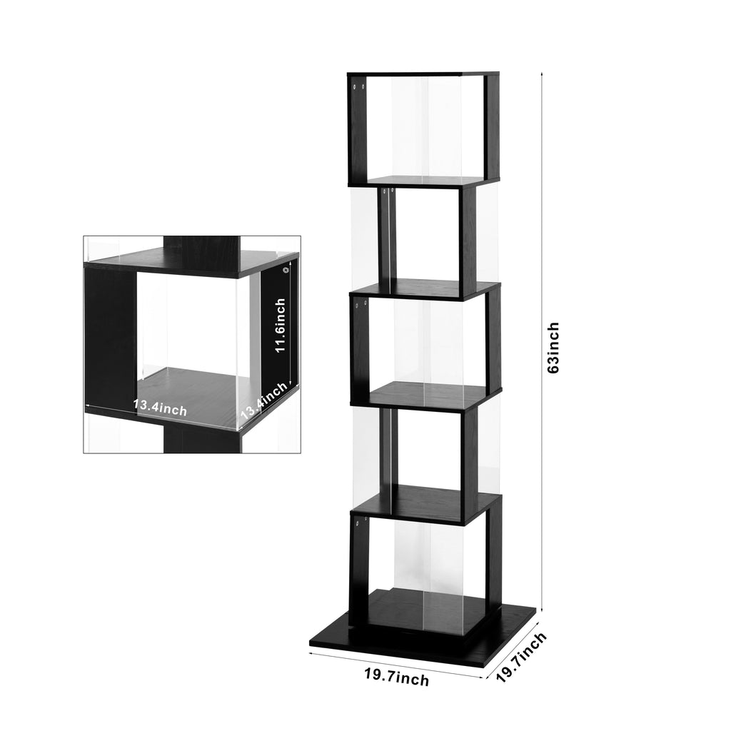 5 tier Rotating Bookshelf, Floor Rack Simple Bookcase with Acrylic plate Student Multi-Function Creative Bookshelf for Living Room with anti-toppling base