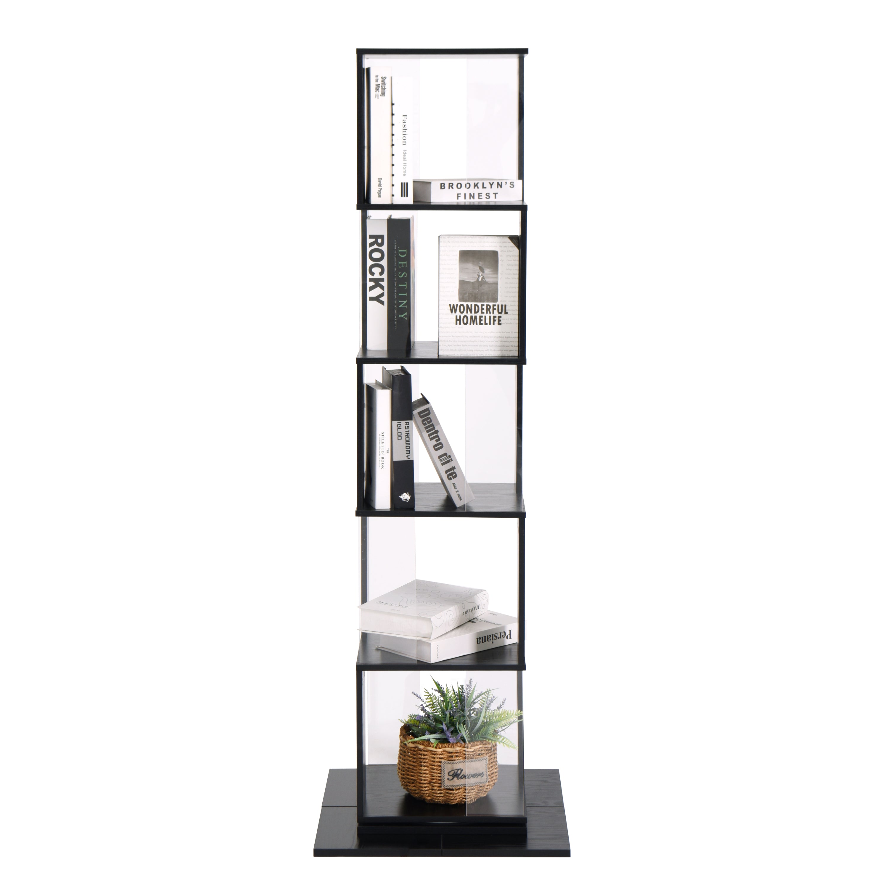 5 tier Rotating Bookshelf, Floor Rack Simple Bookcase with Acrylic plate Student Multi-Function Creative Bookshelf for Living Room with anti-toppling base