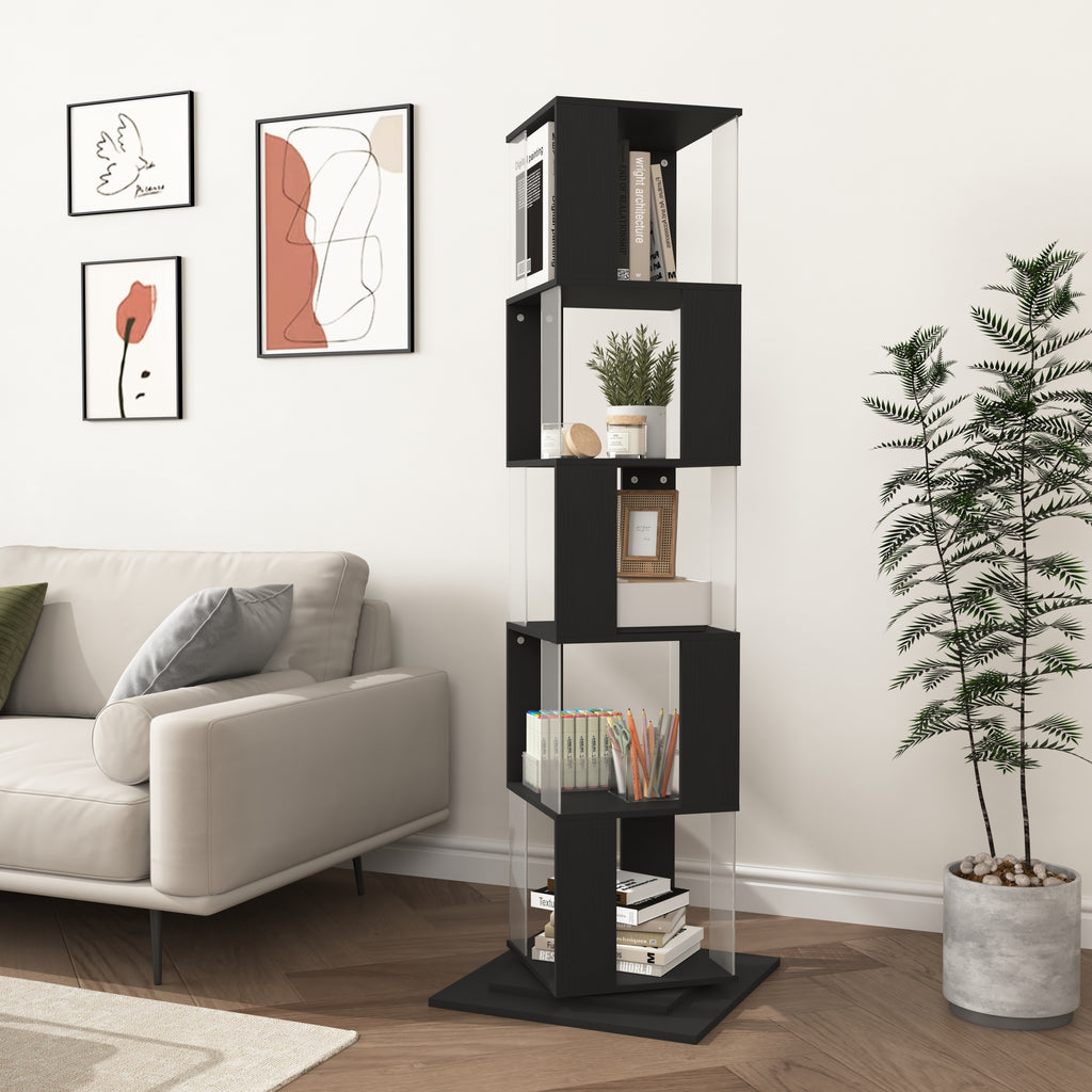 5 tier Rotating Bookshelf, Floor Rack Simple Bookcase with Acrylic plate Student Multi-Function Creative Bookshelf for Living Room with anti-toppling base