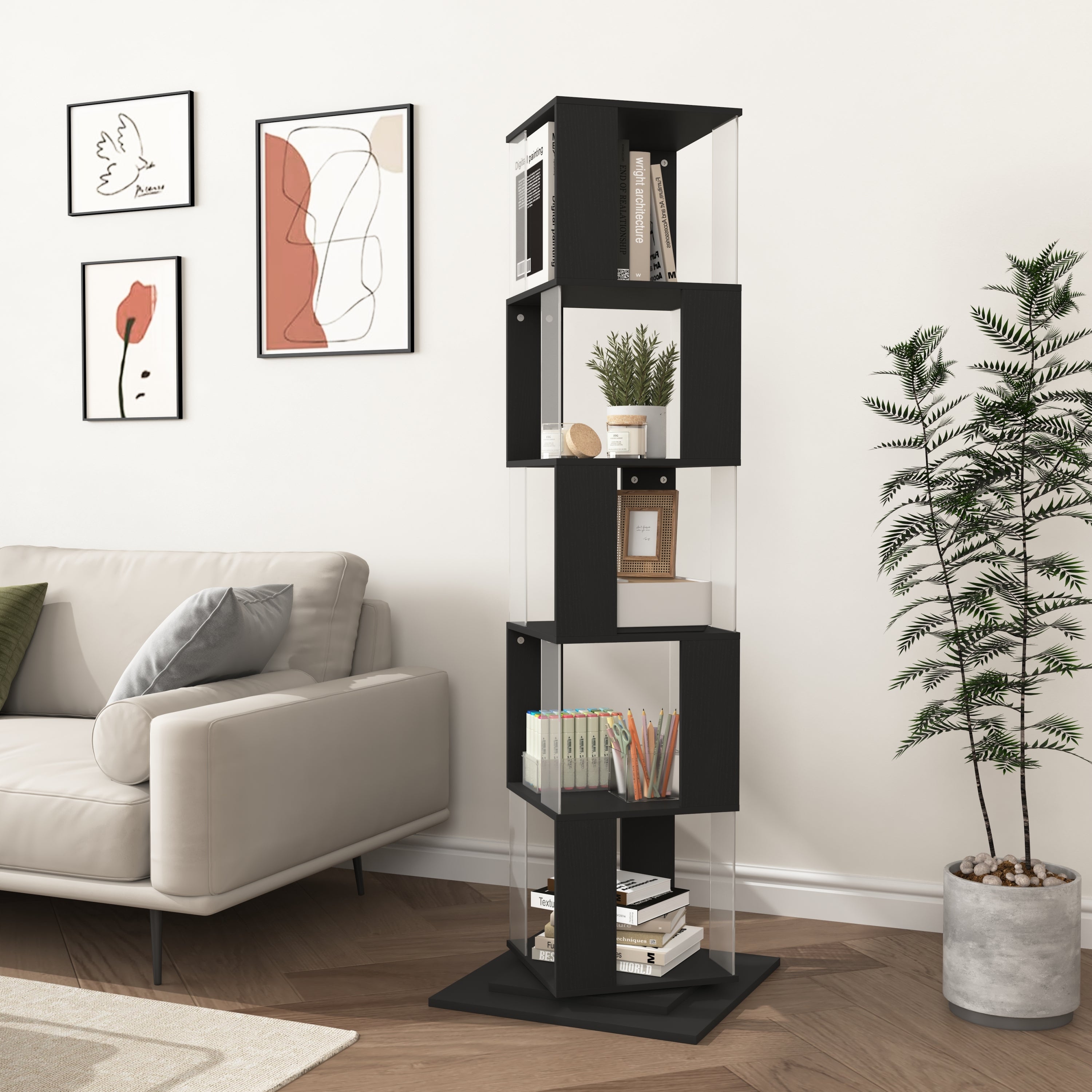 5 tier Rotating Bookshelf, Floor Rack Simple Bookcase with Acrylic plate Student Multi-Function Creative Bookshelf for Living Room with anti-toppling base