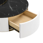 Modern Round Nesting Coffee Table Fluted with Drawer in Black & Gold in 27.6'