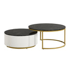 Modern Round Nesting Coffee Table Fluted with Drawer in Black & Gold in 27.6'