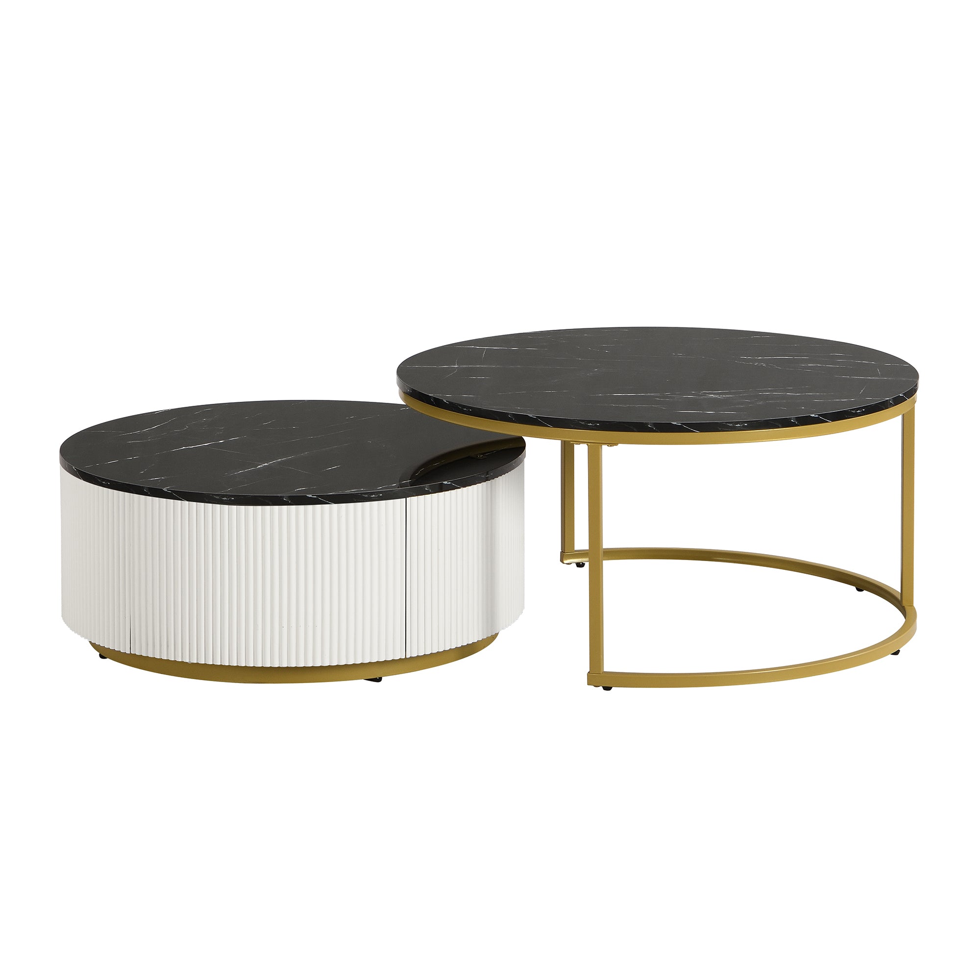 Modern Round Nesting Coffee Table Fluted with Drawer in Black & Gold in 27.6'