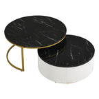 Modern Round Nesting Coffee Table Fluted with Drawer in Black & Gold in 27.6'