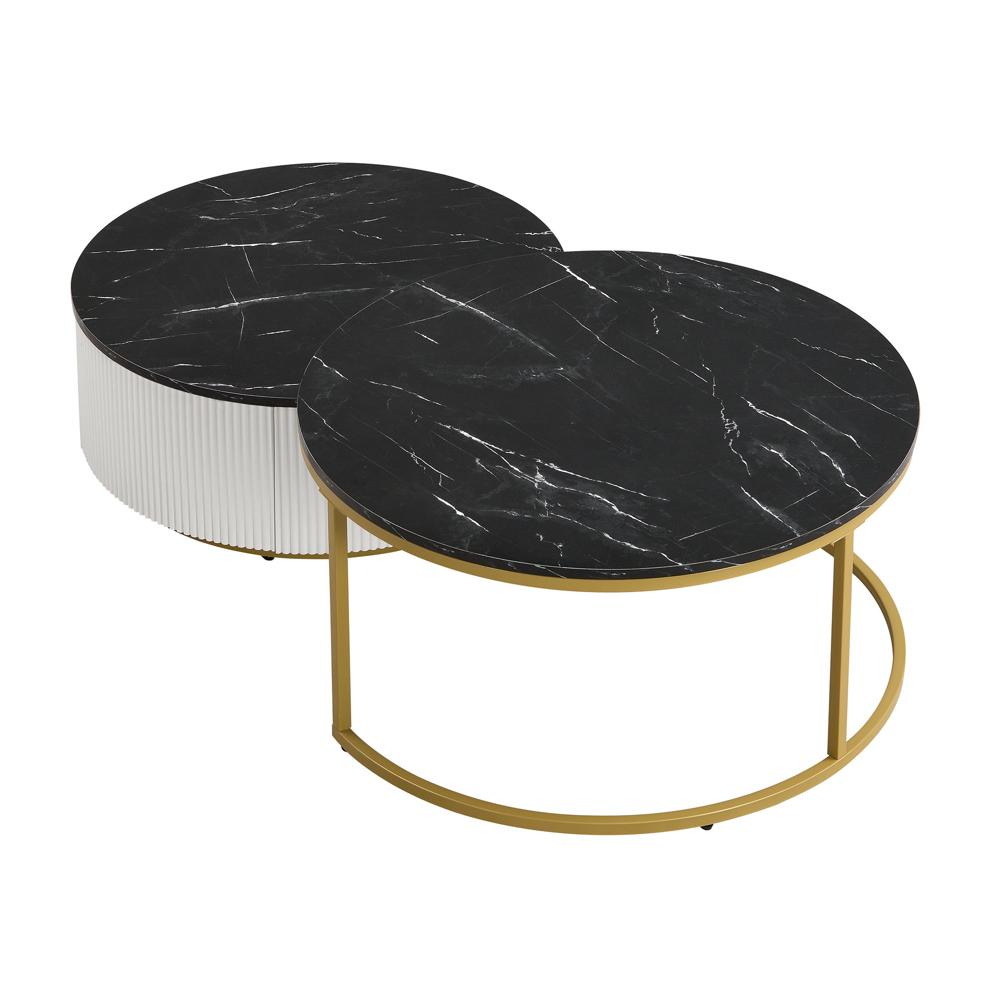 Modern Round Nesting Coffee Table Fluted with Drawer in Black & Gold in 27.6'