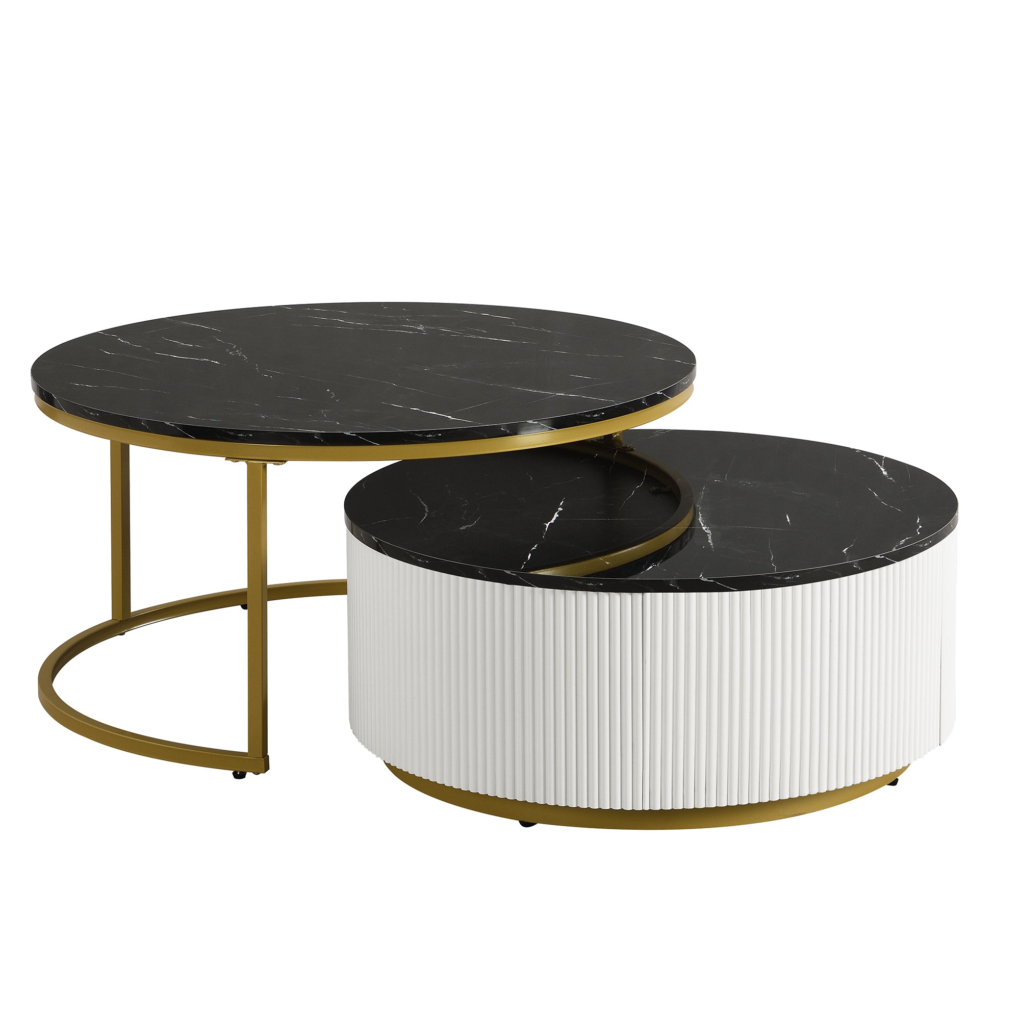 Modern Round Nesting Coffee Table Fluted with Drawer in Black & Gold in 27.6'