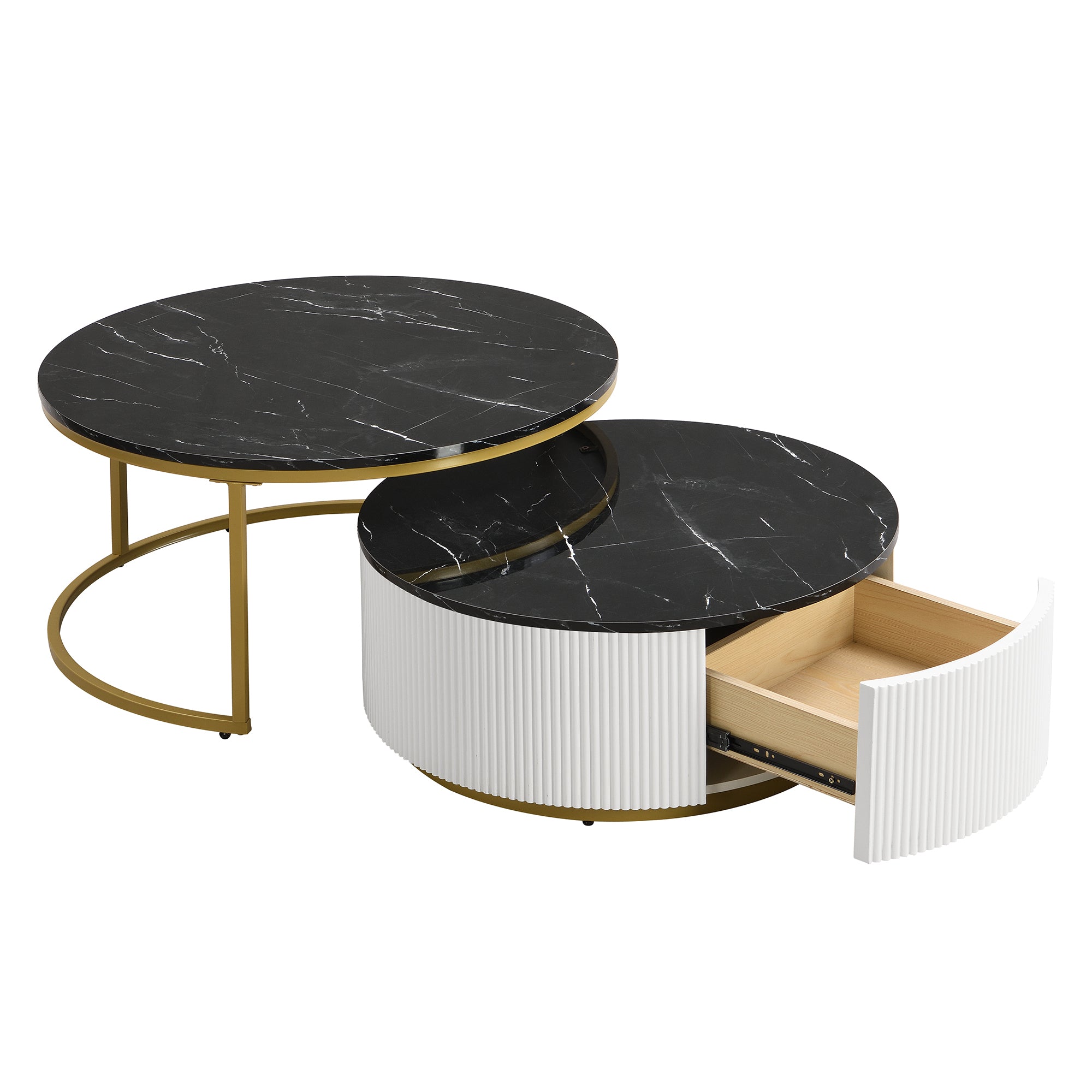 Modern Round Nesting Coffee Table Fluted with Drawer in Black & Gold in 27.6'
