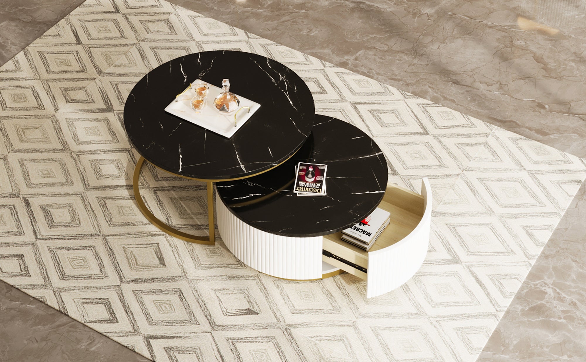 Modern Round Nesting Coffee Table Fluted with Drawer in Black & Gold in 27.6'
