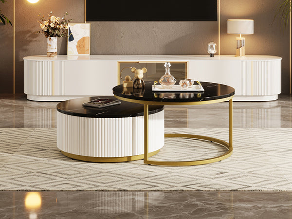 Modern Round Nesting Coffee Table Fluted with Drawer in Black & Gold in 27.6'