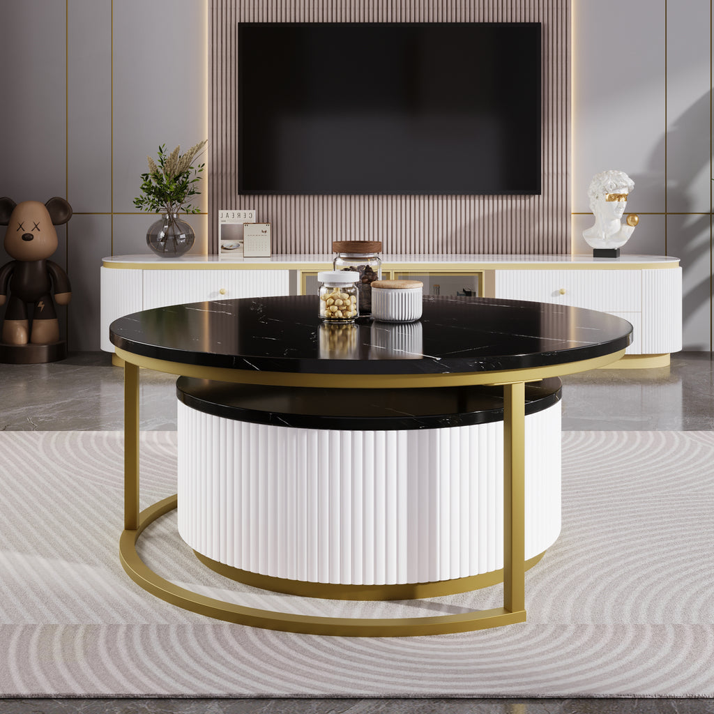 Modern Round Nesting Coffee Table Fluted with Drawer in Black & Gold in 27.6'