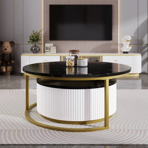 Modern Round Nesting Coffee Table Fluted with Drawer in Black & Gold in 27.6'